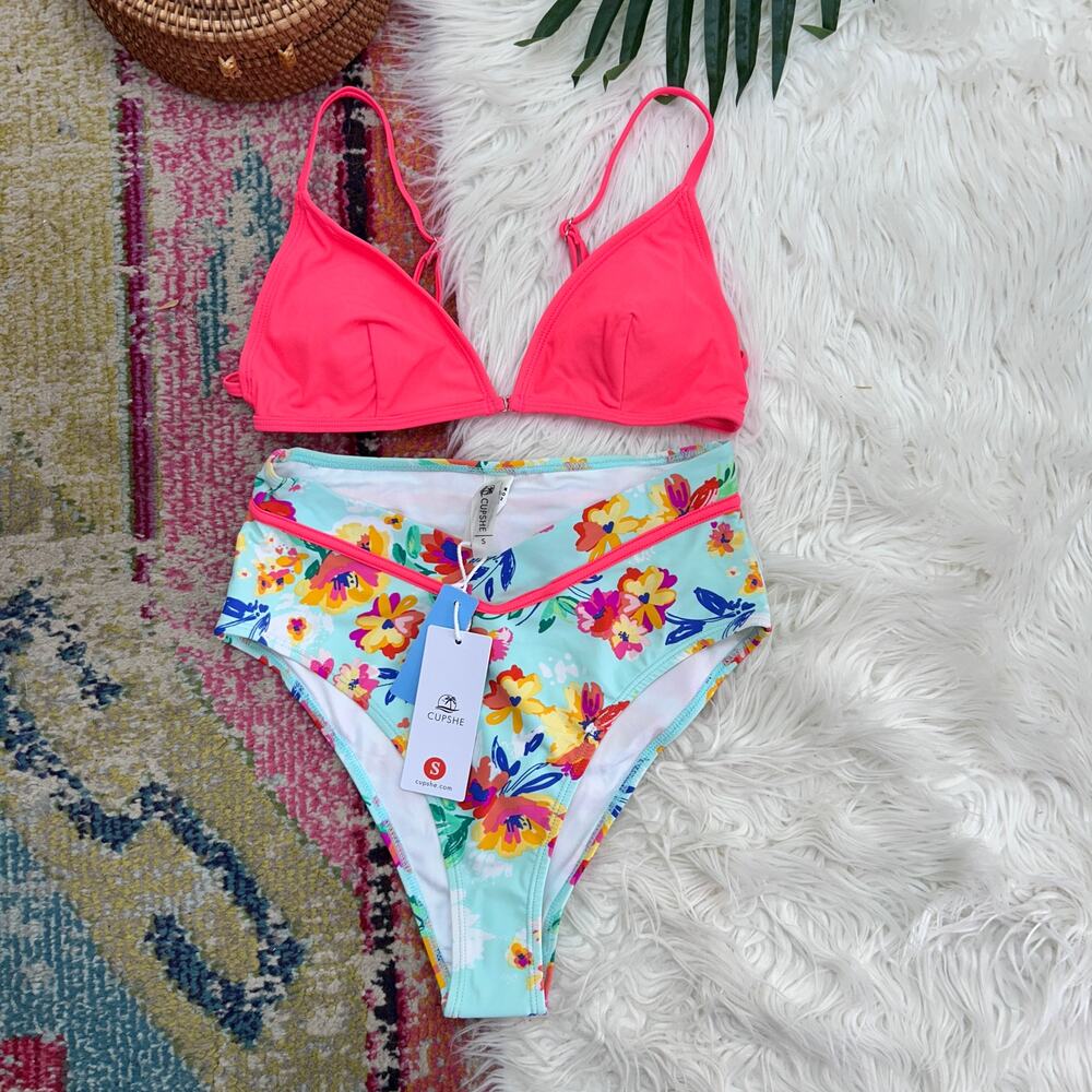 NEW Cupshe Two Piece Bikini Swimsuit Small Pink Floral High Rise High Waist